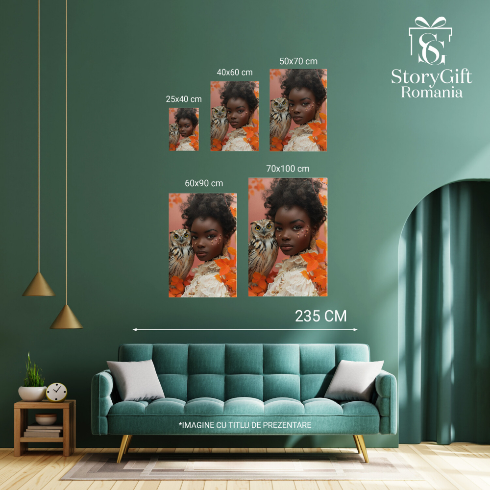 Tablou Canvas Bufniță Speriată și Fata Neagră cu Rochie Albă – Pictură Digitală Unică, Marime 40x25CM [4]