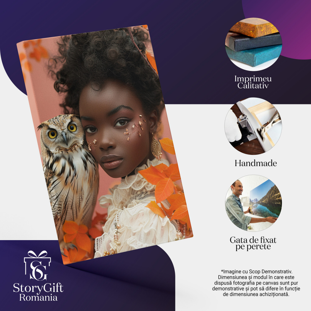 Tablou Canvas Bufniță Speriată și Fata Neagră cu Rochie Albă – Pictură Digitală Unică, Marime 40x25CM [2]