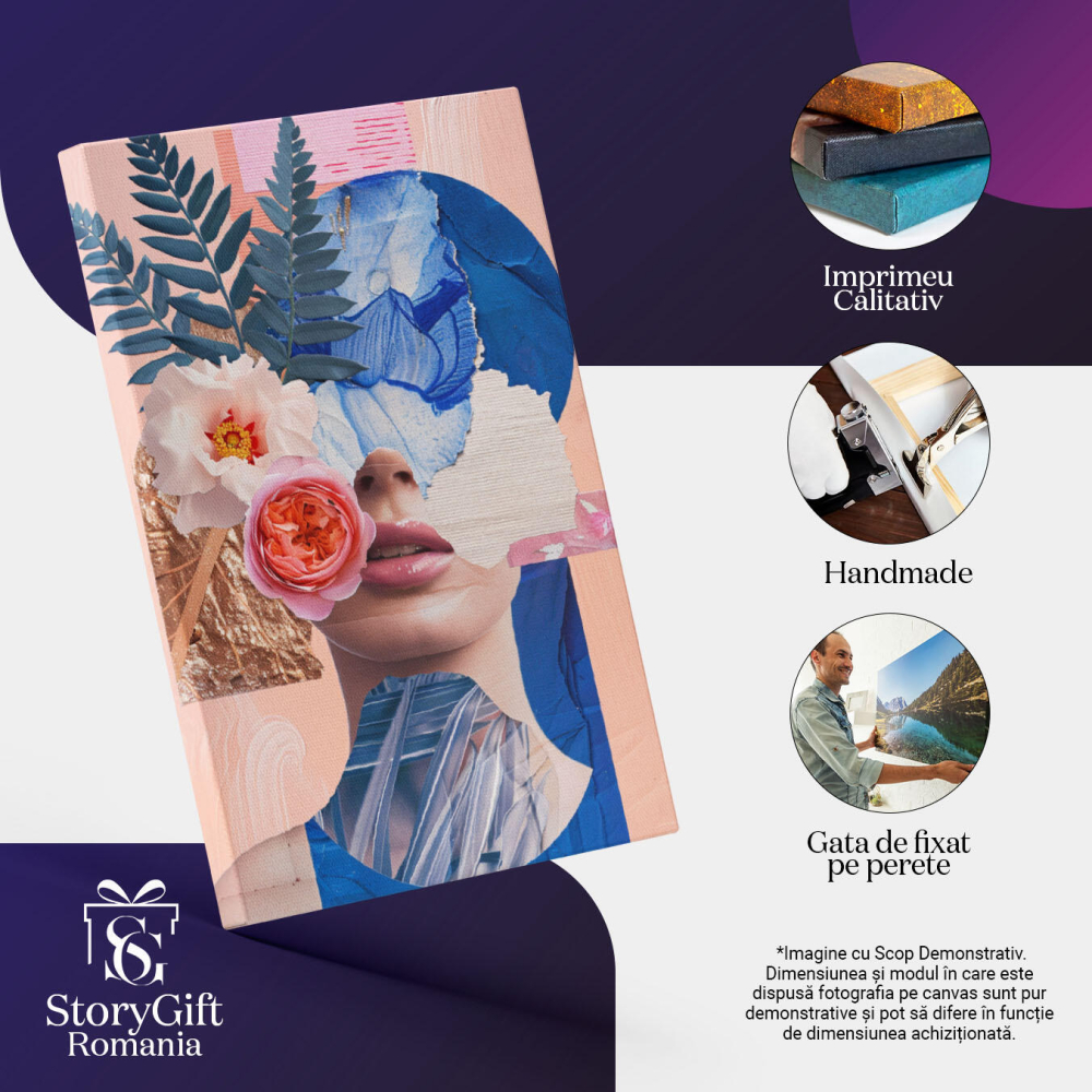 Tablou Canvas Bust de femeie abstract din flori și frunze - Buze sclipitoare, detalii albastre și flori , Pictura Digitala 40x25CM [3]