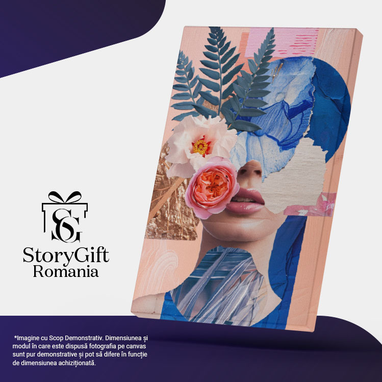 Tablou Canvas Bust de femeie abstract din flori și frunze - Buze sclipitoare, detalii albastre și flori , Pictura Digitala 40x25CM [5]