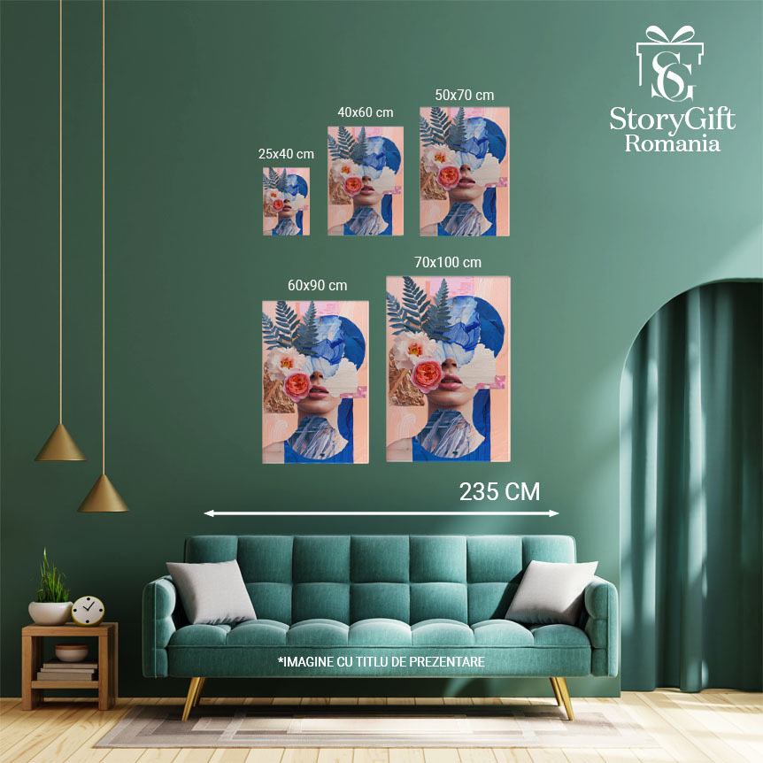 Tablou Canvas Bust de femeie abstract din flori și frunze - Buze sclipitoare, detalii albastre și flori , Pictura Digitala 40x25CM [4]