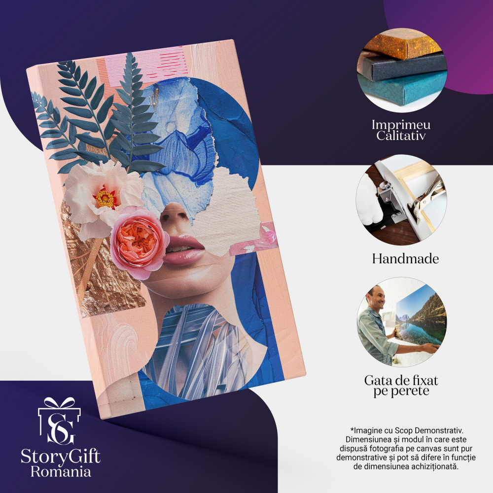 Tablou Canvas - Bust de Femeie Abstract din Flori și Frunze, Buze Sclipitoare, Detalii Albastre, Marime 40x25CM [2]