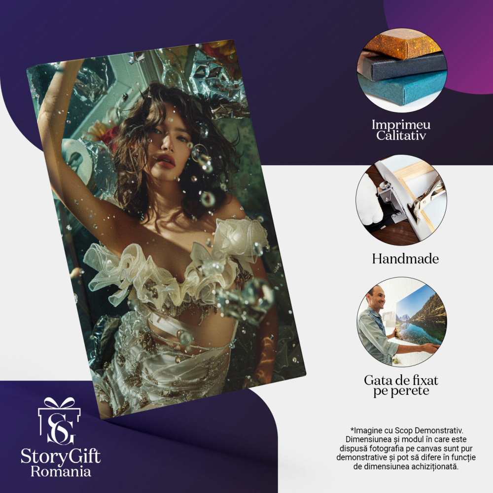 Tablou Canvas: Căderea Picăturilor de Apă Fata cu Volănașe Brunetă cu Buze Voluptoase Pictura Digitala 40x25CM [3]