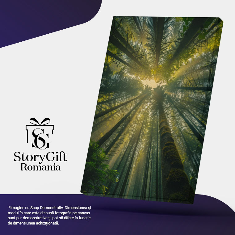 Tablou Canvas:  Cadru Frumos, Verde cu Trunchiuri de Copaci în Pădure și Lumina Soarelui- Natură Verde Pictura Digitala 40x25CM [5]