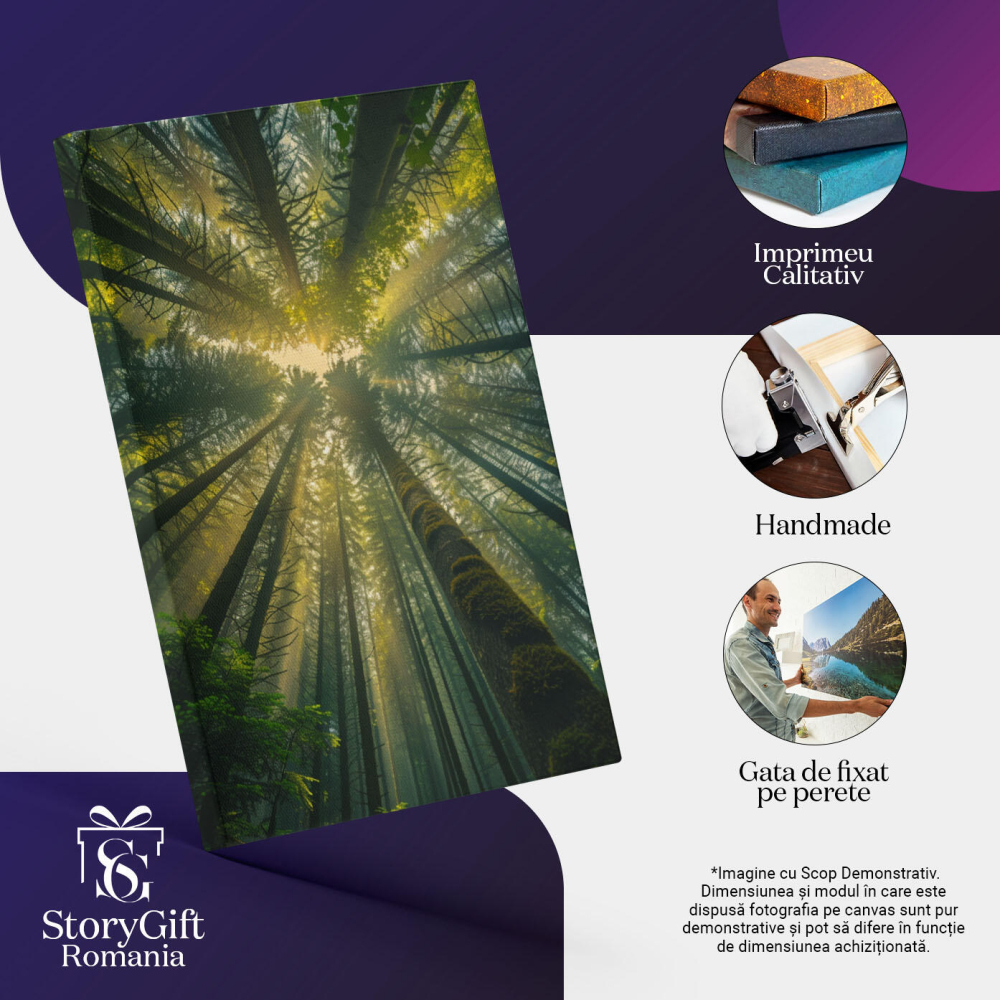 Tablou Canvas:  Cadru Frumos, Verde cu Trunchiuri de Copaci în Pădure și Lumina Soarelui- Natură Verde Pictura Digitala 40x25CM [3]