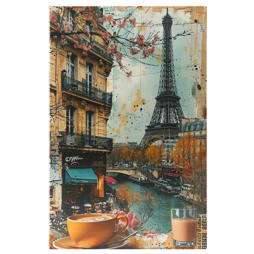 Tablou Canvas - Cafeneaua din Paris - Vedere cu Turnul Eiffel și Fluviul Sena cu Vaporașe, Marime 40x25CM [1]