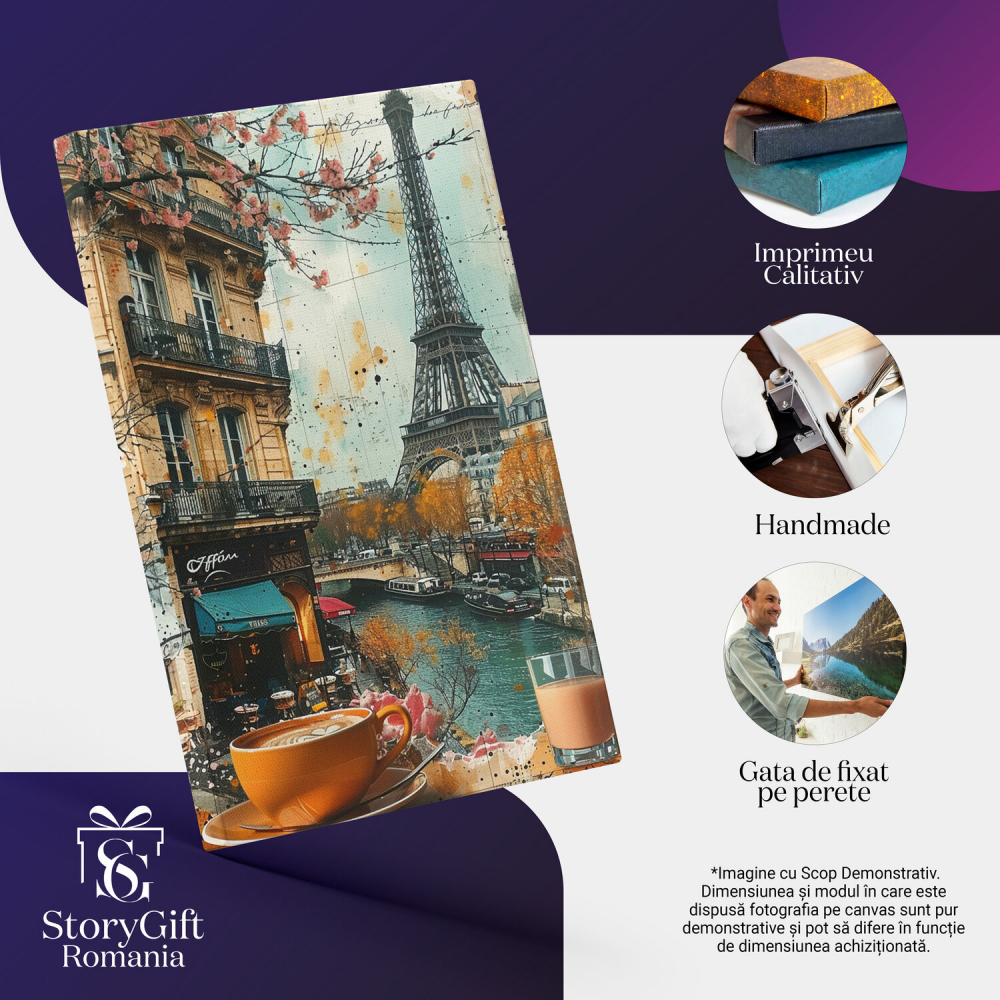 Tablou Canvas - Cafeneaua din Paris - Vedere cu Turnul Eiffel și Fluviul Sena cu Vaporașe, Marime 40x25CM [2]