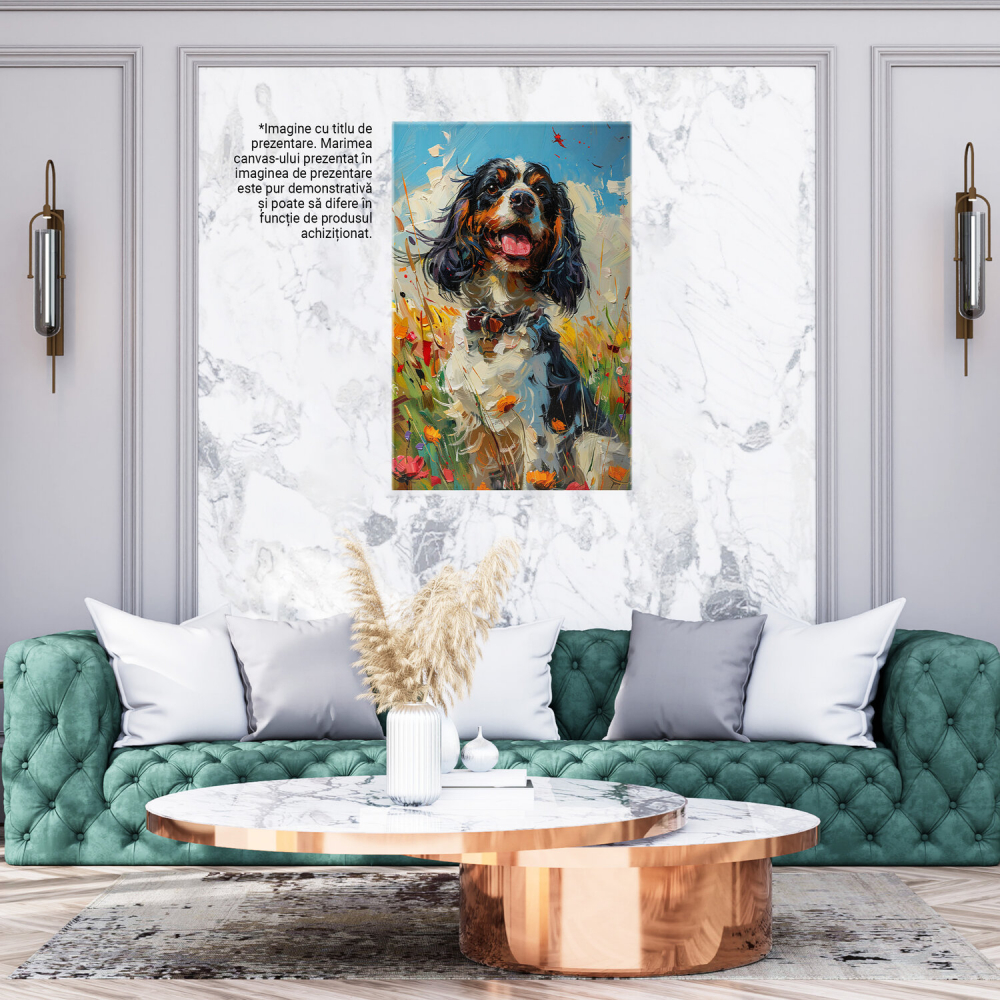 Tablou Canvas Câine Alb-Negru cu Zgarda Personalizată și Ochii Căprui Fericit în Mijlocul Florilor, Marime 40x25CM [3]