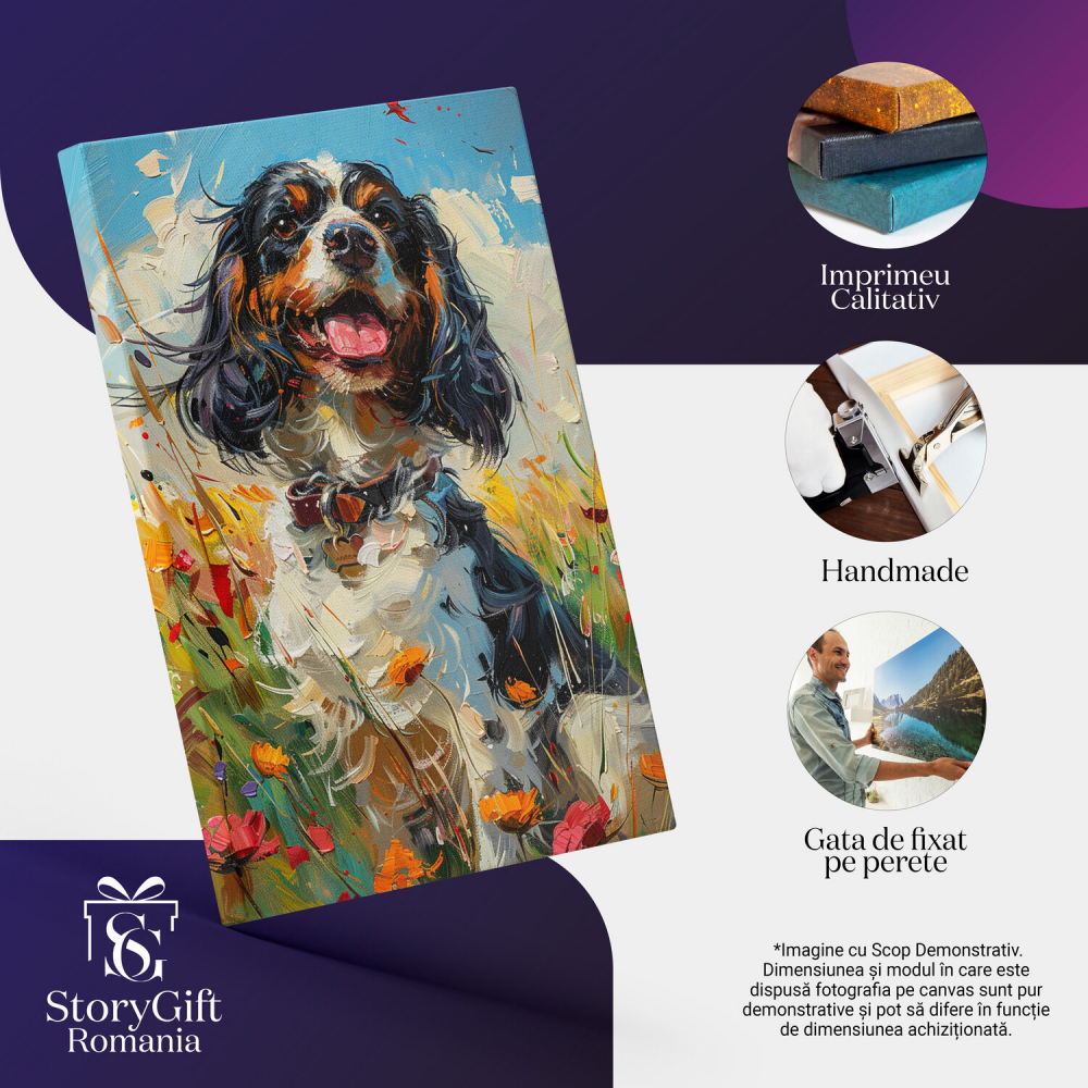 Tablou Canvas Câine Alb-Negru cu Zgarda Personalizată și Ochii Căprui Fericit în Mijlocul Florilor, Marime 40x25CM [2]