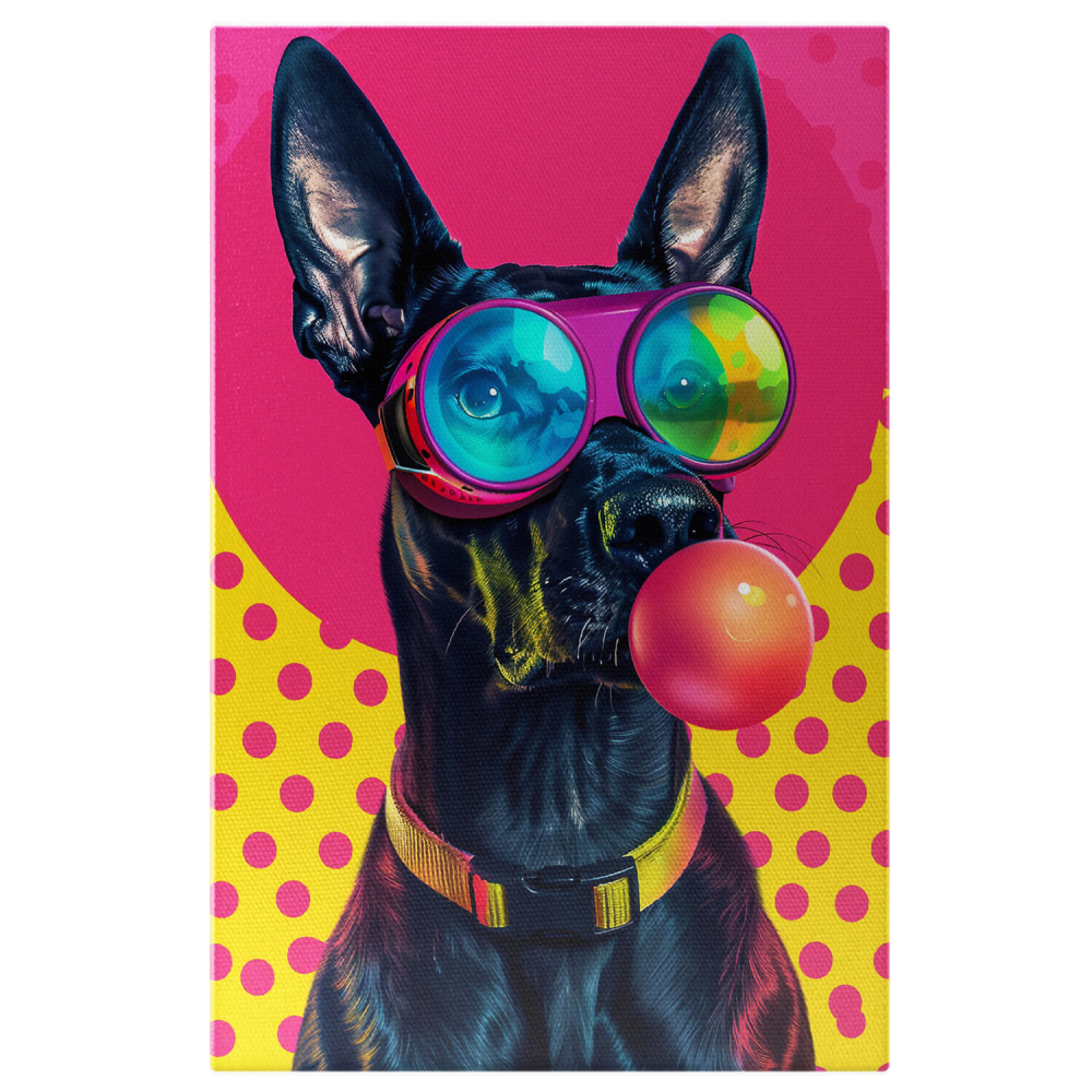 Tablou Canvas Câine cu Blană Neagră Lucioasă cu Balon de Gumă Roz și Ochelari, Marime 40x25CM [1]
