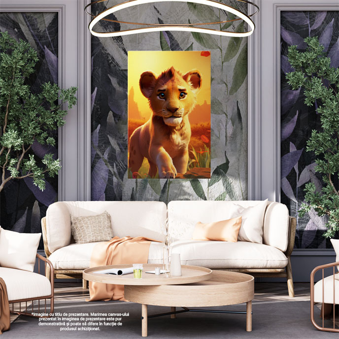 Tablou Canvas: Calea Imflorita a Leului Drumul Micutului Animal prin Savana Inconjurat de Flori Rosii Salbatice Pictura Digitala 40x25CM [2]