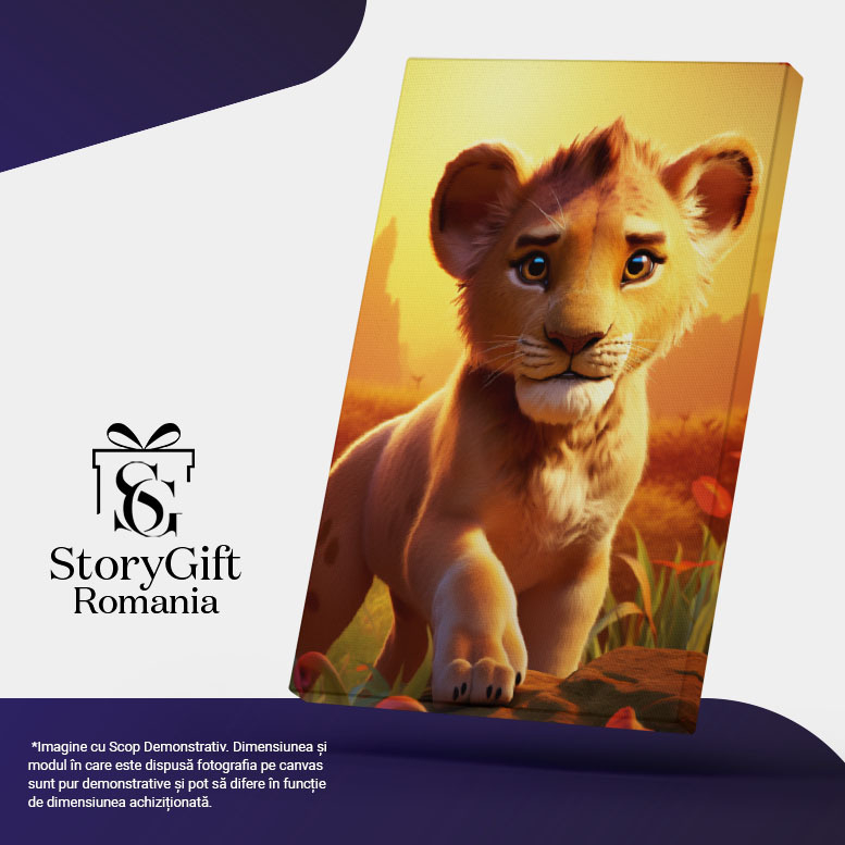 Tablou Canvas: Calea Imflorita a Leului Drumul Micutului Animal prin Savana Inconjurat de Flori Rosii Salbatice Pictura Digitala 40x25CM [5]