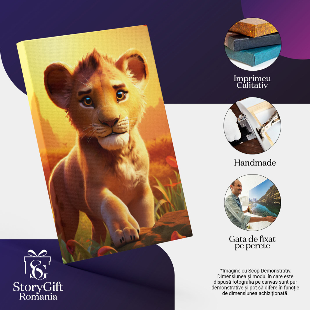 Tablou Canvas: Calea Imflorita a Leului Drumul Micutului Animal prin Savana Inconjurat de Flori Rosii Salbatice Pictura Digitala 40x25CM [3]