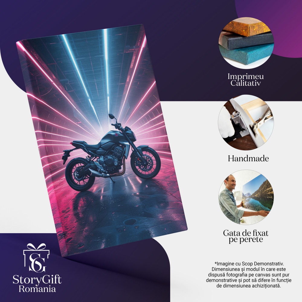 Garaj cu Motocicletă Neagră și Lumini Roz - Tablou Canvas pentru Pasionați, Marime 40x25CM [2]