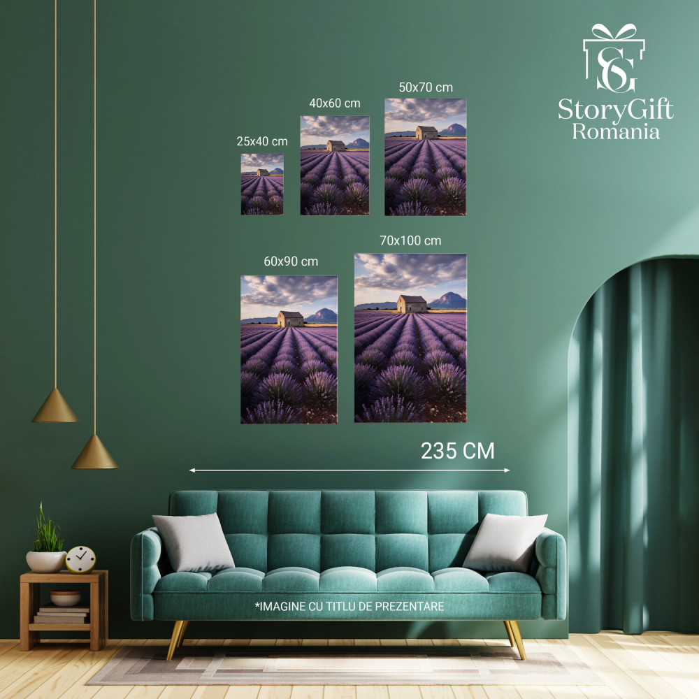 Tablou Canvas Câmp cu Lavandă | Pictură Digitală cu Hambar și Munte, Marime 40x25CM [3]