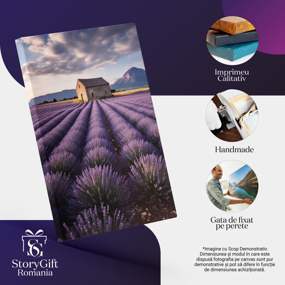 Tablou Canvas Câmp cu Lavandă | Pictură Digitală cu Hambar și Munte, Marime 40x25CM [2]