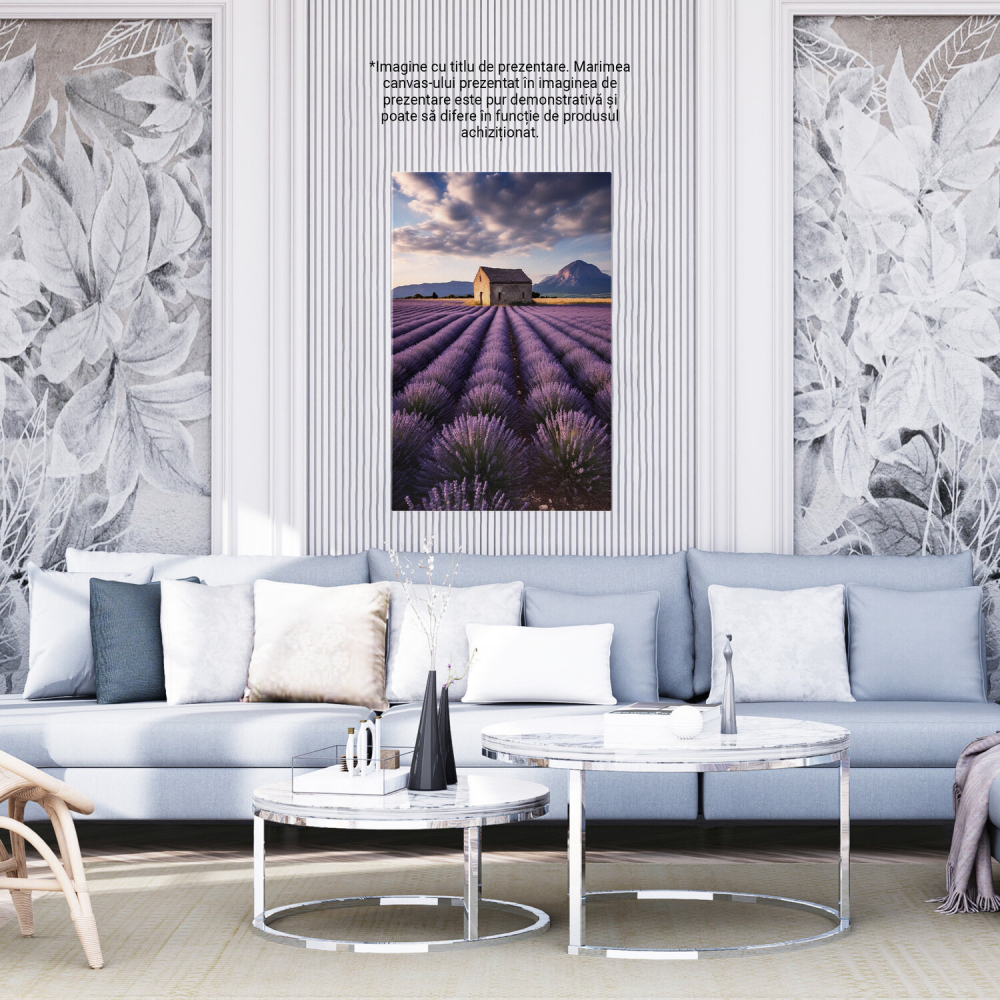 Tablou Canvas Câmp cu Lavandă | Pictură Digitală cu Hambar și Munte, Marime 40x25CM [4]