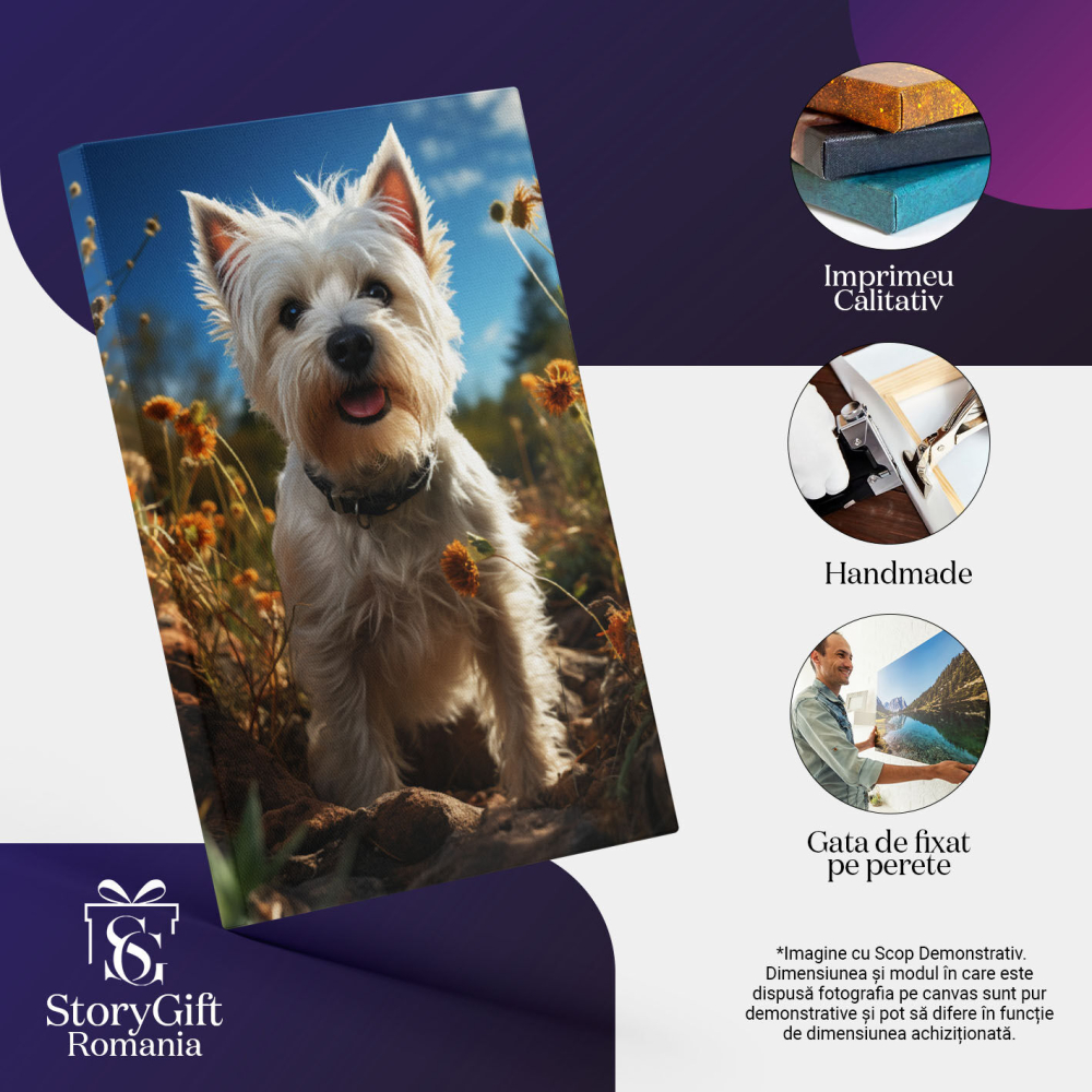 Tablou Canvas: Câmpul cu Flori și Câinele Patrocle fără Lesă Animal Liber în Păpădii Pictura Digitala 40x25CM [3]