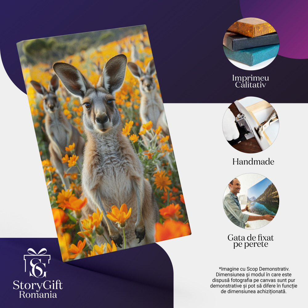 Canguri Fotogenici pe Câmp cu Flori Portocalii - Pictură Digitală cu Frumusețe Animală, Marime 40x25CM [2]