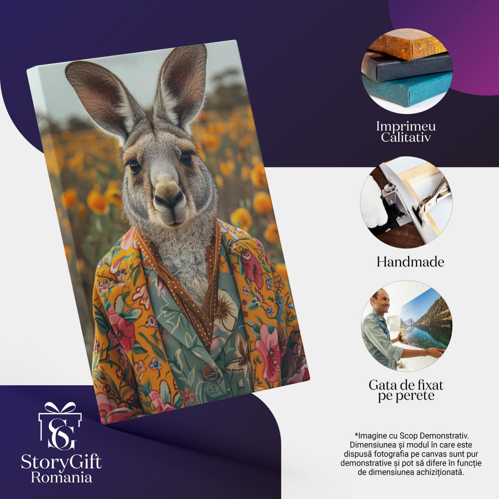 Cangur în Cămașă Albastră și Sacou Galben în Câmp de Flori Portocalii, Marime 40x25CM [2]