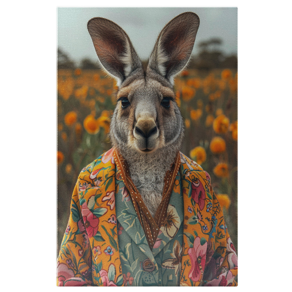 Cangur în Cămașă Albastră și Sacou Galben în Câmp de Flori Portocalii, Marime 40x25CM [1]