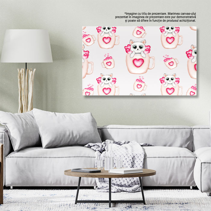 Tablou Canvas: Căni de cafea cu inimi și pisici - Pisici în căni de cafea 40x25CM [3]