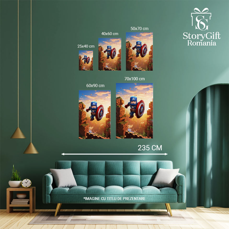 Tablou Canvas: Capitan america zburand caracter minecraft cu scut cer senin jocuri video Pictura Digitala 40x25CM [4]