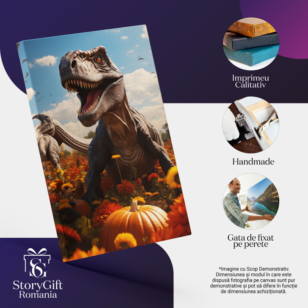 Dinozaur Cartoon cu Ochii Roșii lângă Lanul de Flori și Dovleci - Pictură Digitală, Marime 40x25CM [2]