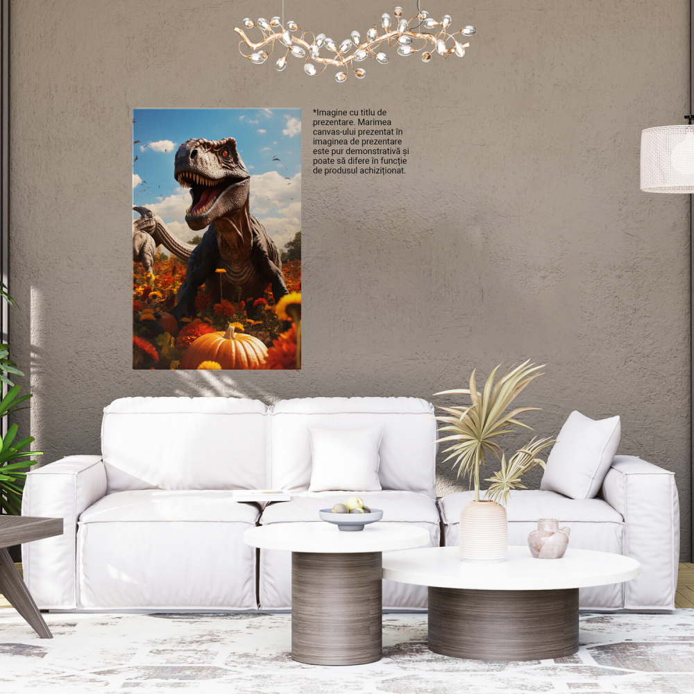 Dinozaur Cartoon cu Ochii Roșii lângă Lanul de Flori și Dovleci - Pictură Digitală, Marime 40x25CM [4]