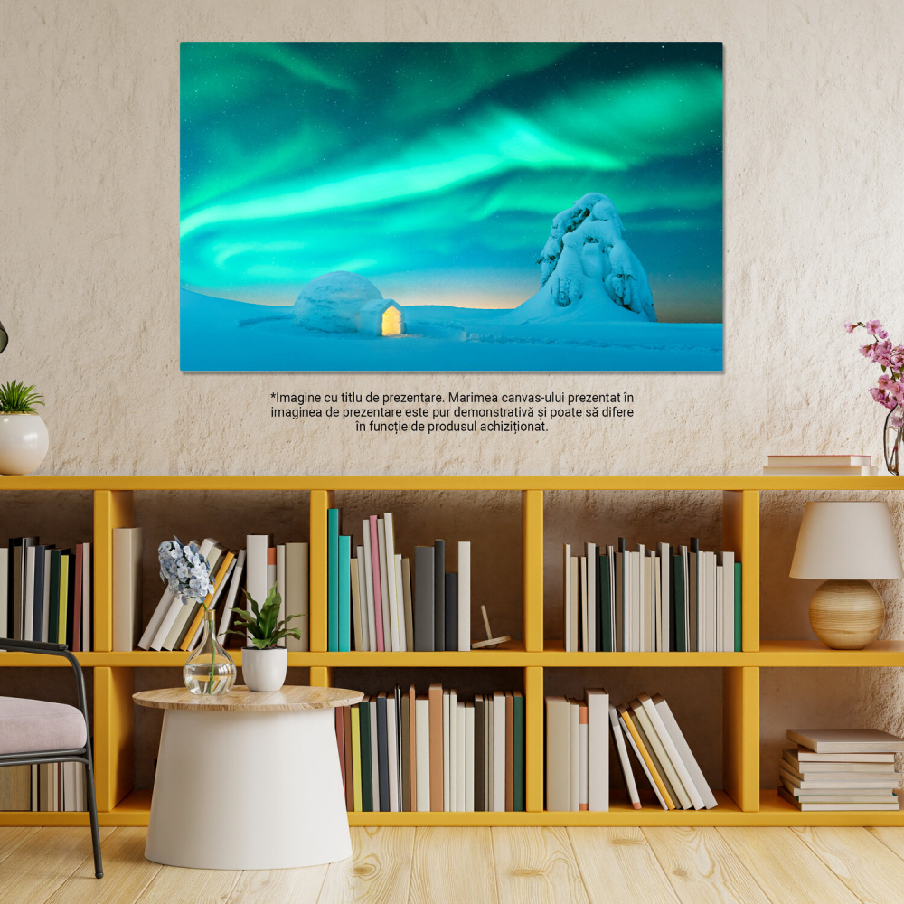 Tablou Canvas Casa Igloo Sub Luminile Nordului: Aurora Boreală în Peisajul Arctic, Marime 40x25CM [3]