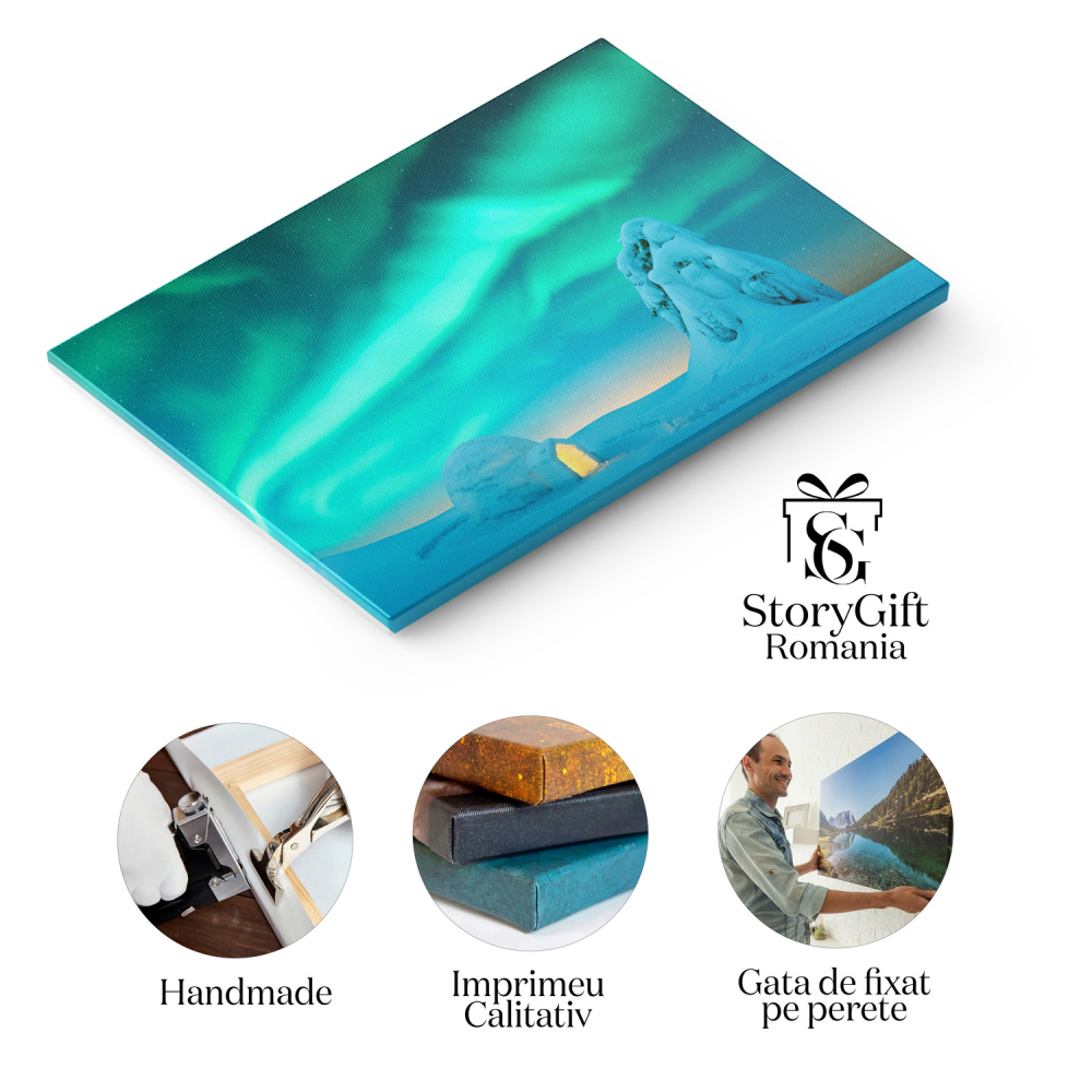 Tablou Canvas Casa Igloo Sub Luminile Nordului: Aurora Boreală în Peisajul Arctic, Marime 40x25CM [2]