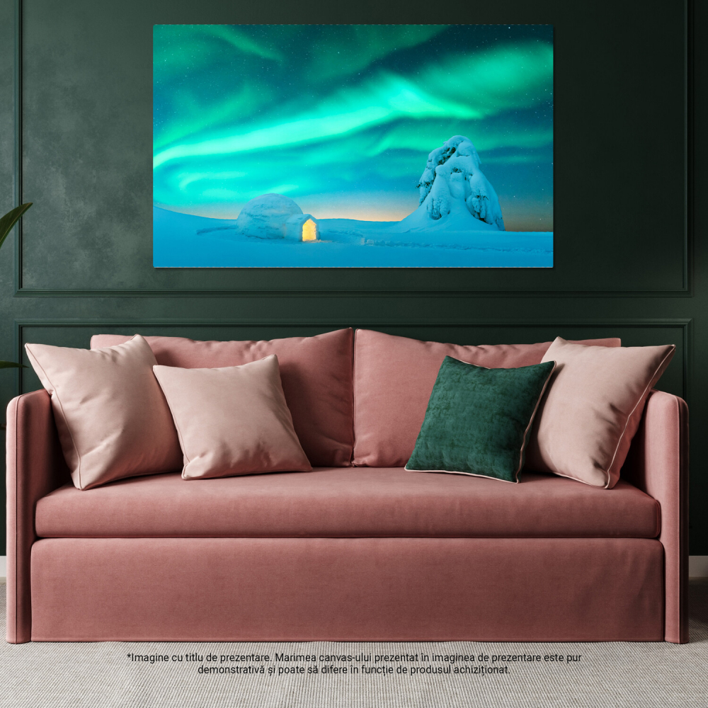 Tablou Canvas Casa Igloo Sub Luminile Nordului: Aurora Boreală în Peisajul Arctic, Marime 40x25CM [4]