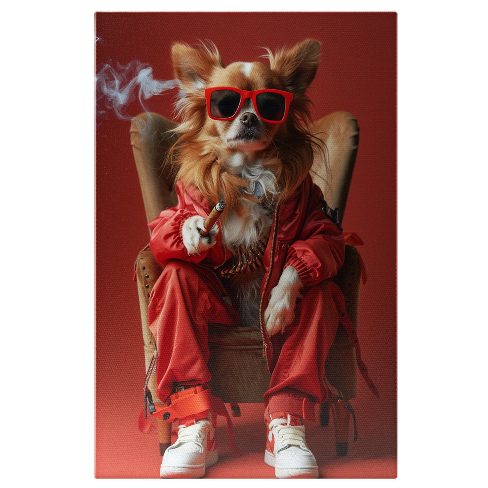 Tablou Canvas - Cățel Gangster în Trening Roșu cu Trabuc și Ochelari, Marime 40x25CM [1]