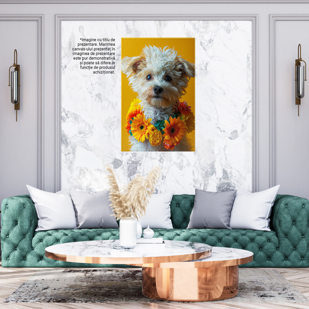 Cățelul Alb cu Ghirlandă de Flori Galbene - Pictură Digitală, Marime 40x25CM [3]