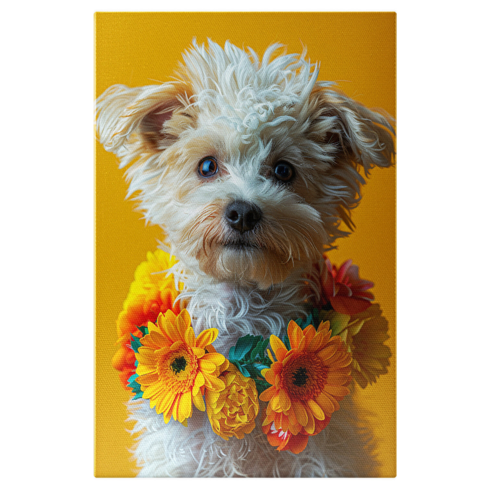 Cățelul Alb cu Ghirlandă de Flori Galbene - Pictură Digitală, Marime 40x25CM [1]