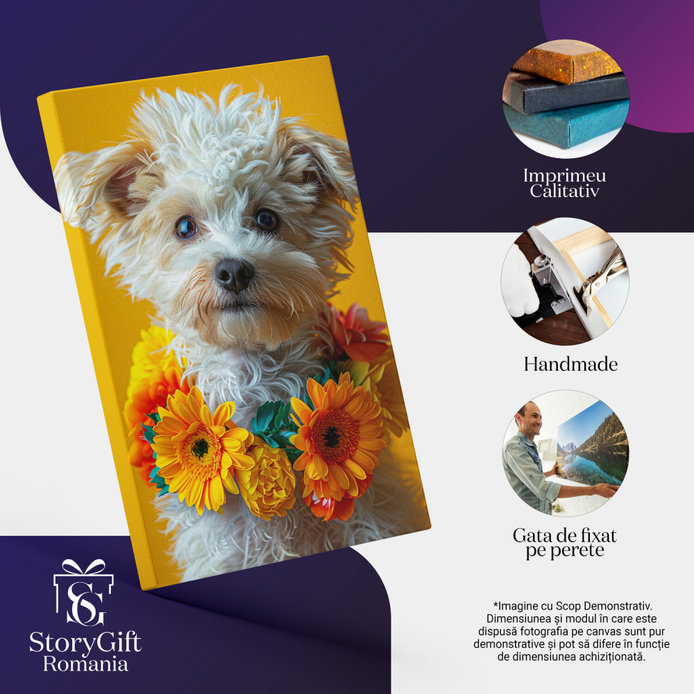 Cățelul Alb cu Ghirlandă de Flori Galbene - Pictură Digitală, Marime 40x25CM [2]