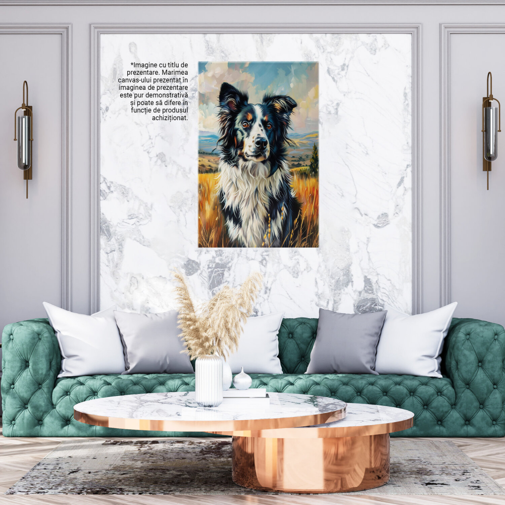 Cățel Blănos Alb cu Pete în Lanul de Grâu - Tablou Canvas, Marime 40x25CM [3]