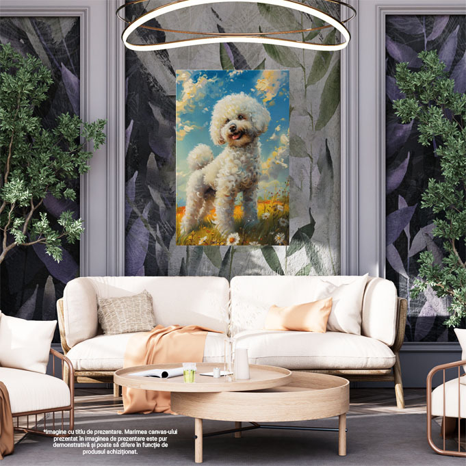 Tablou Canvas  Catelus cu Blana Creata Alba si Floricele In Jur Bucuros de Iesirea in Natura si Cerul Senin , Pictura Digitala 40x25CM [2]