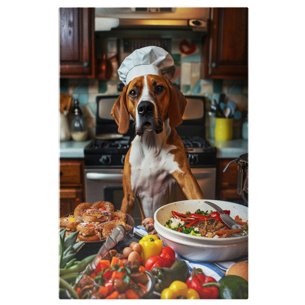 Tablou Canvas Cățelușa Beagle Bucătăreasă cu Mâncare Sănătoasă și Gustoasă, Marime 40x25CM [1]