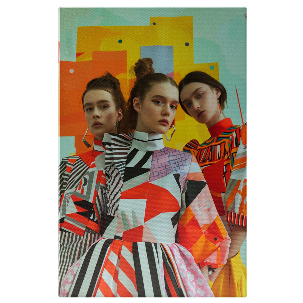 Three Beautiful Girls with Brown Hair and Colorful Long Dresses - Digital Art, Marime 40x25CM [1]