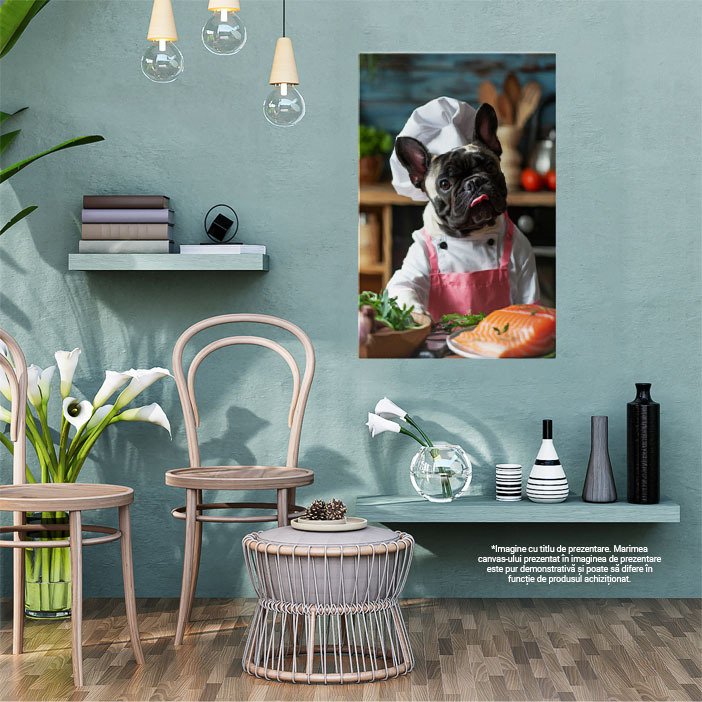 Tablou Canvas Chef Bulldog cu Limba Scoasă Bucătar Iscusit în Alb cu Detalii Roz , Pictura Digitala 40x25CM [2]