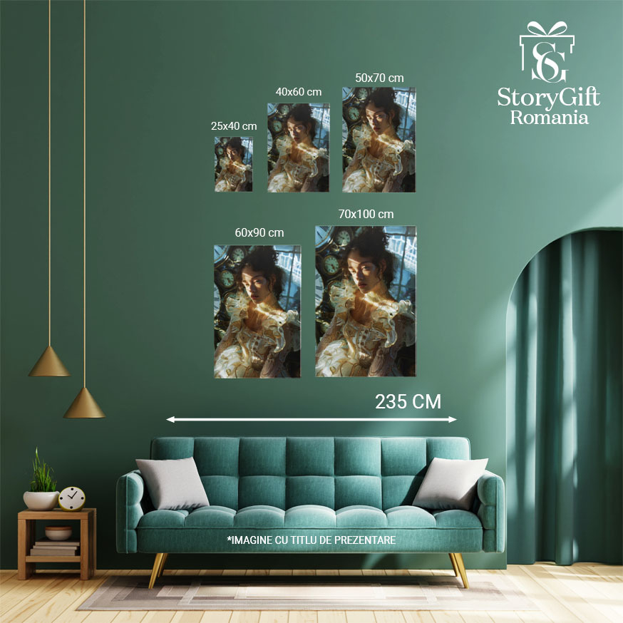 Tablou Canvas:  Chip de Fată Lumimat de Razele Soarelui în Rochie și Ceasuri pe Fundal- Portret Artistic Pictura Digitala 40x25CM [4]