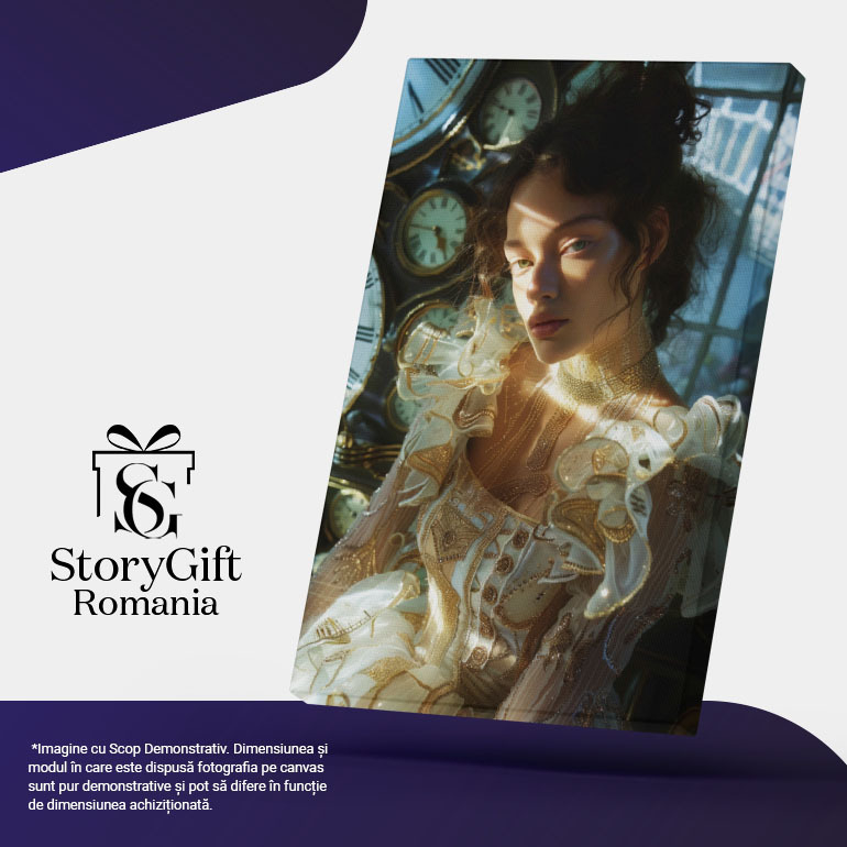Tablou Canvas:  Chip de Fată Lumimat de Razele Soarelui în Rochie și Ceasuri pe Fundal- Portret Artistic Pictura Digitala 40x25CM [5]