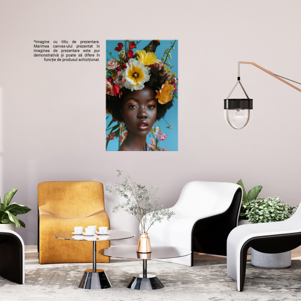 Chip de Femeie Machiată cu Coroană din Flori și Papagal pe Cap - Pictură Digitală, Marime 40x25CM [3]