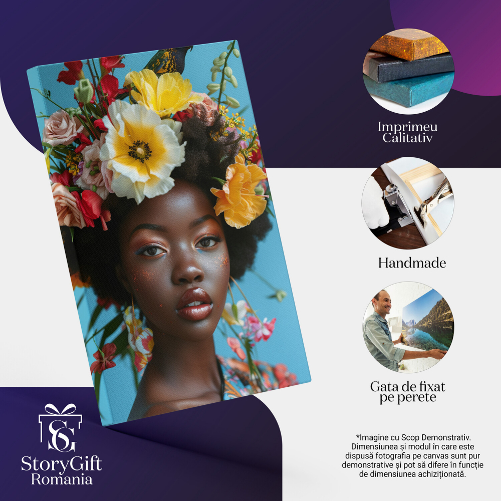 Chip de Femeie Machiată cu Coroană din Flori și Papagal pe Cap - Pictură Digitală, Marime 40x25CM [2]