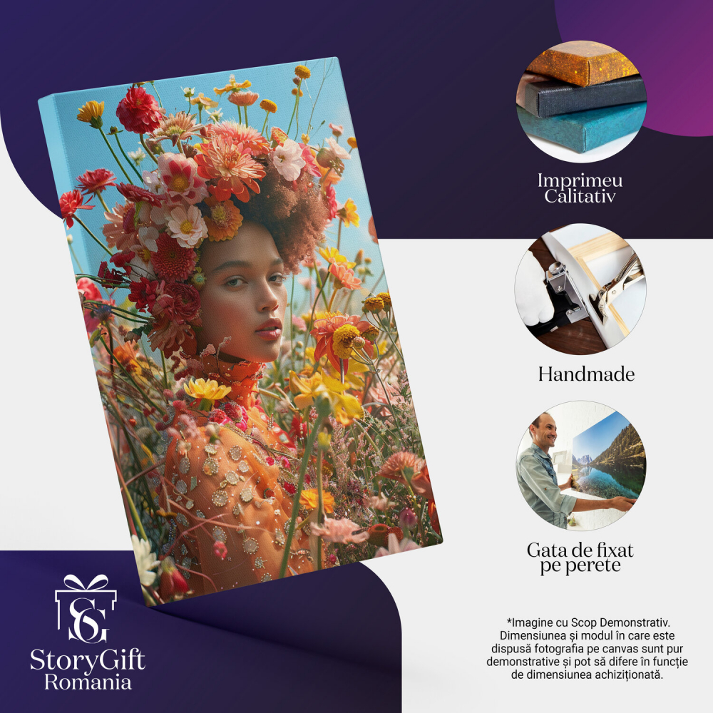 Chip feminin în câmp cu flori colorate și pălărie din flori, Marime 40x25CM [2]