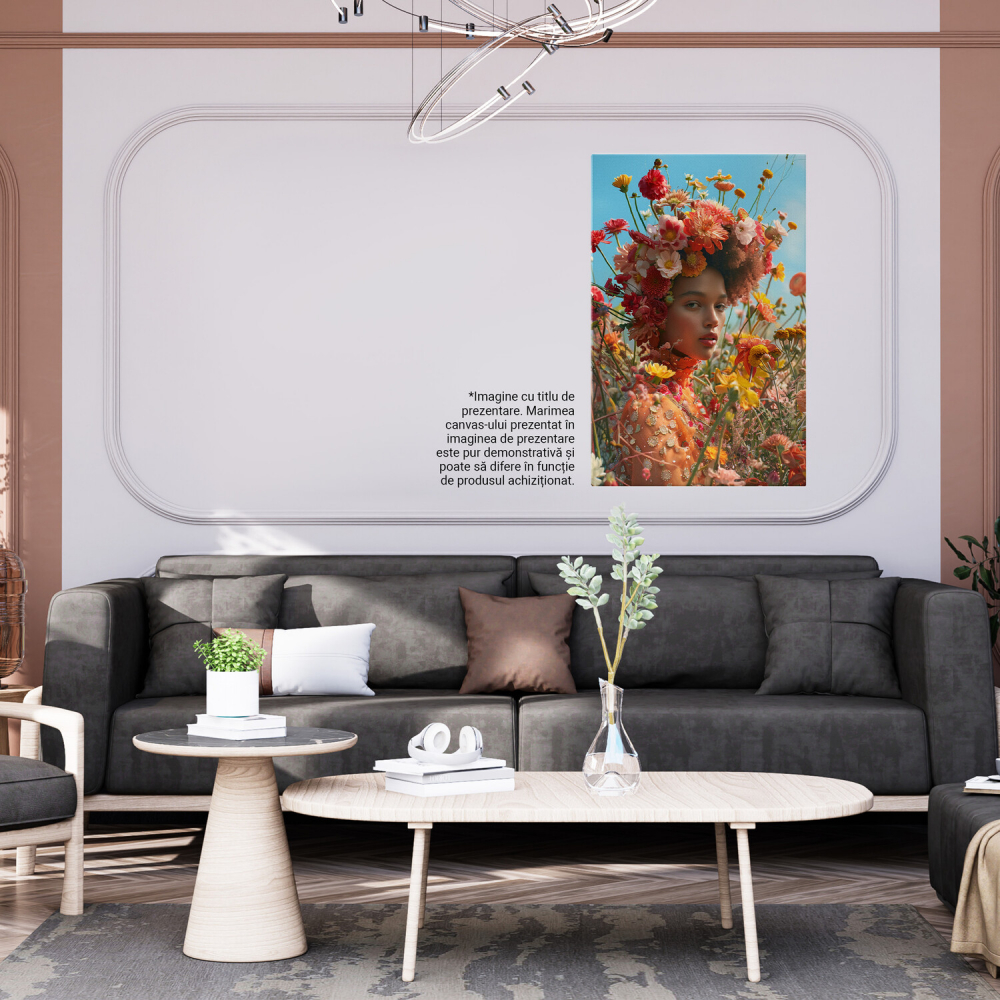 Chip feminin în câmp cu flori colorate și pălărie din flori, Marime 40x25CM [4]