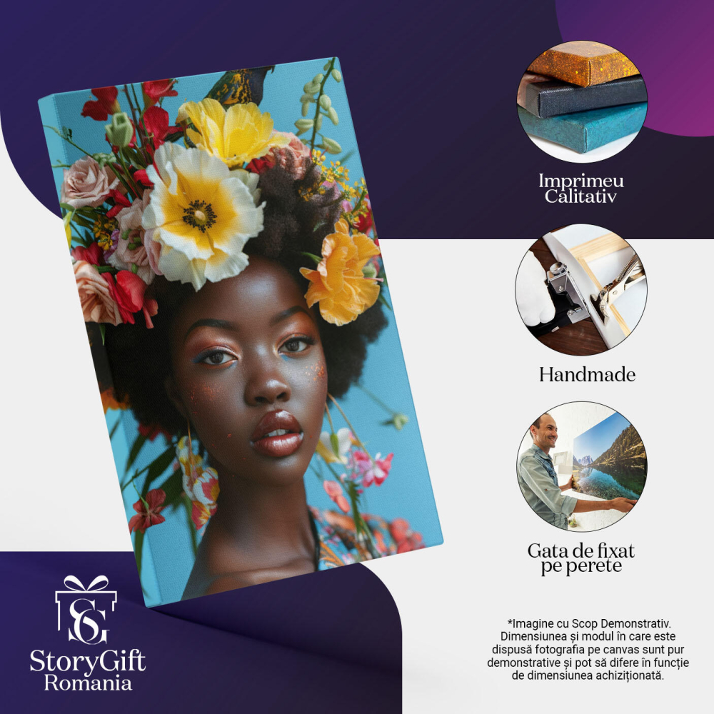 Tablou Canvas:  Chip Mulatru de Femeie Machiată cu coroană din Flori și Papagal pe Cap- Portret Artistic Pictura Digitala 40x25CM [3]