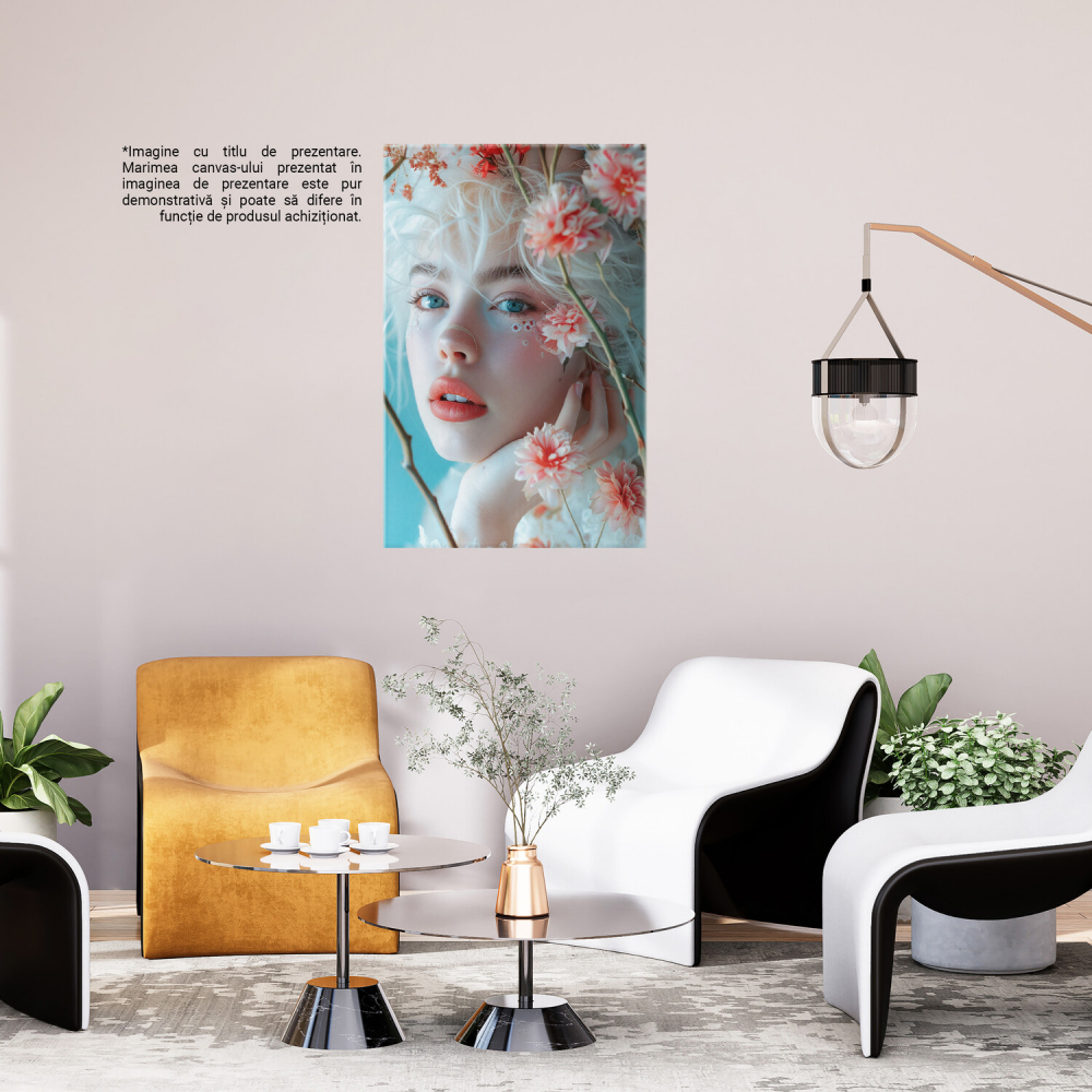 Chip Alb de Fată cu Ochii Albastri și Buze Roz, Alături de Flori - Pictură Digitală, Marime 40x25CM [3]