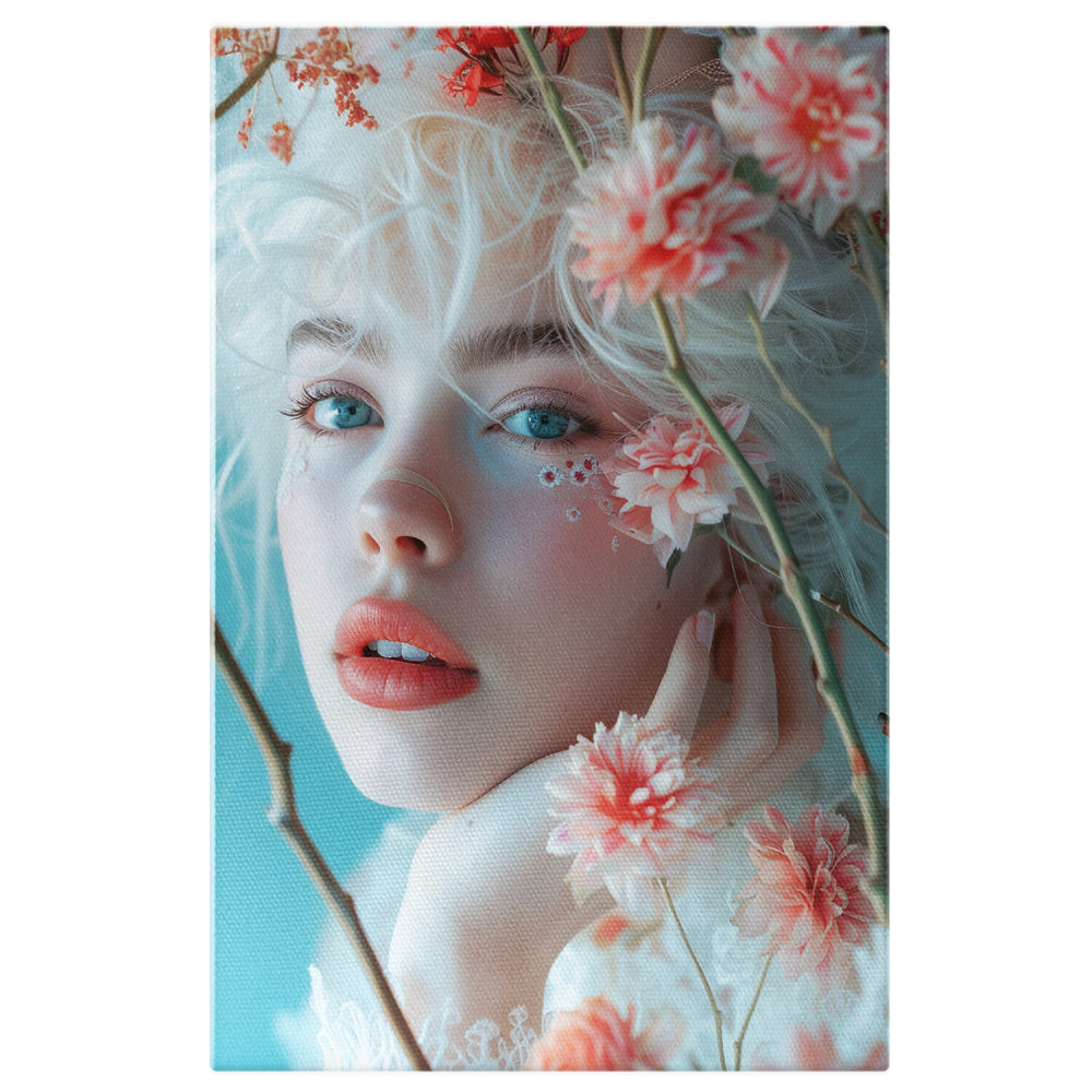 Chip Alb de Fată cu Ochii Albastri și Buze Roz, Alături de Flori - Pictură Digitală, Marime 40x25CM [1]